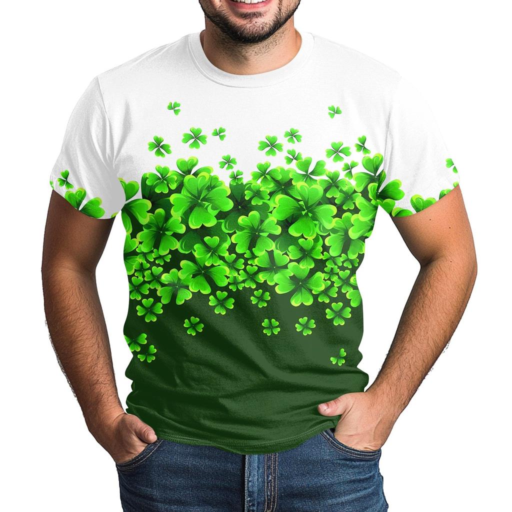 St. Patrick's Adult Green Crew-neck Short-sleeved Printed Green Three-leaf T-shirt