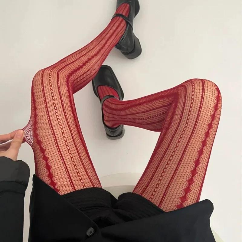 Women Sexy Lace Fishnet Pantyhose Lolita Style Hollow Out Design Red Silk Stockings JK High Waist Striped Tights Christmas Gifts