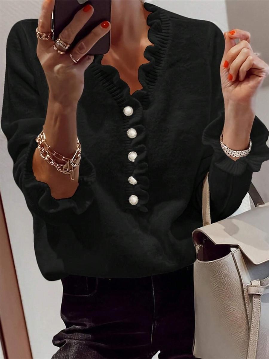 

Желаю eBay Весна/Лето/Осень Вязаный свитер с длинными рукавами, рюшами и V-образным вырезом M чёрный