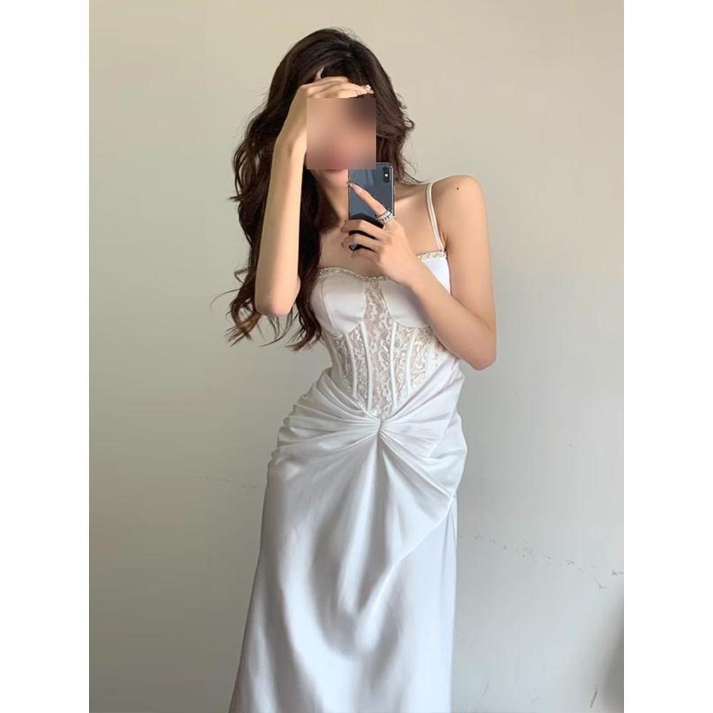 Girls versatile white fish bone suspender dress women's leisure new niche temperament waist dress long dress