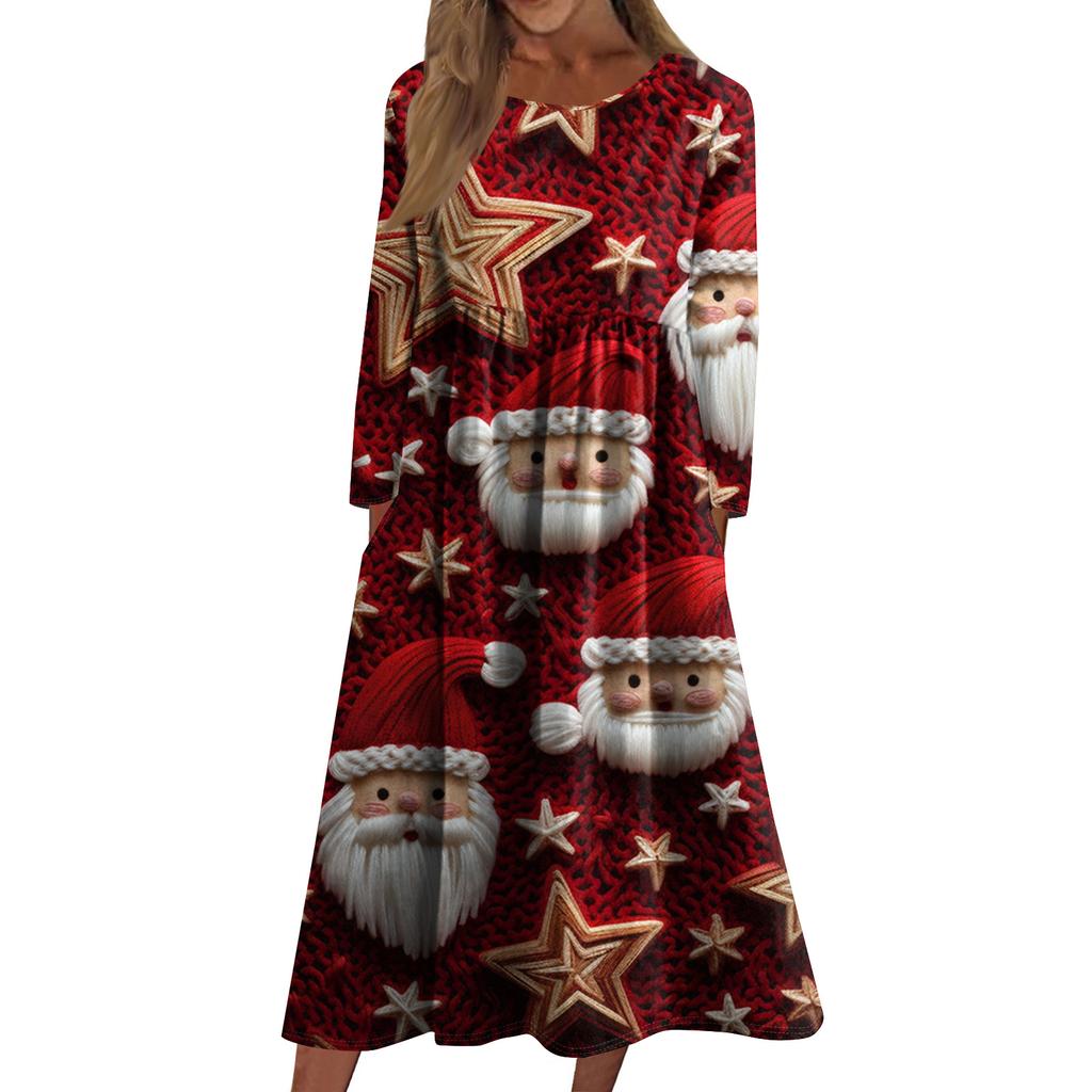 Women's Casual Crew-neck Christmas Print Mid-length Dress Long-sleeved Dress With Pocket