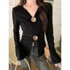 Chic V-Neck Long-Sleeve Slim Fit Black Top for Women