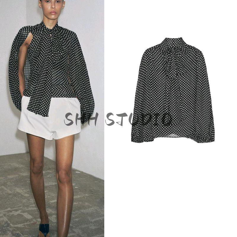 Spring New Women's Clothing Elegant Stand-up Collar Long-Sleeved Dot Bowknot Decoration Cape-Style Shirt 4437055