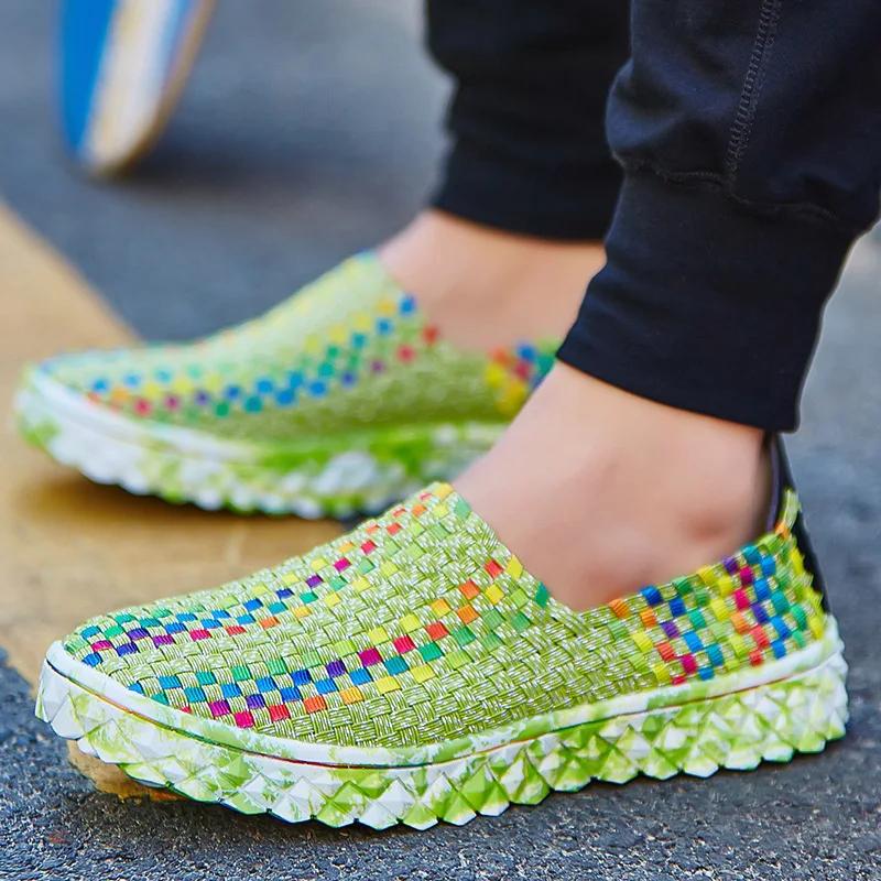 2024 Summer Women's Flats Fashion Elastic Band Weave Casual Shoes Slip on Breathable Sneakers Spring Men Loafers Plus Size 35-44