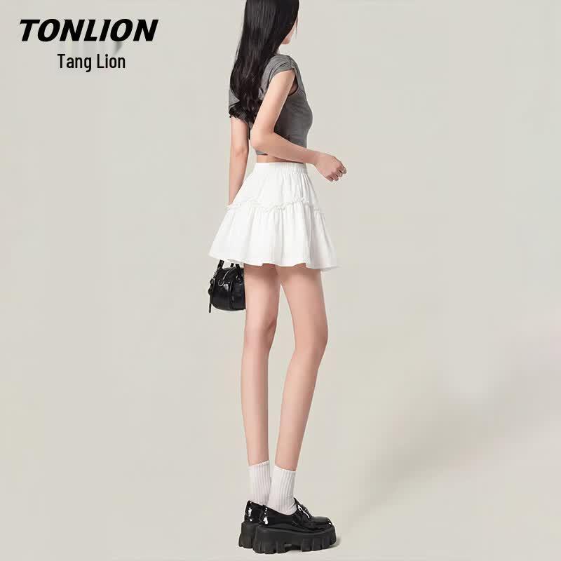 TonLion Women s High-Waist A-Line Pleated Short Skirt with Safety Shorts L