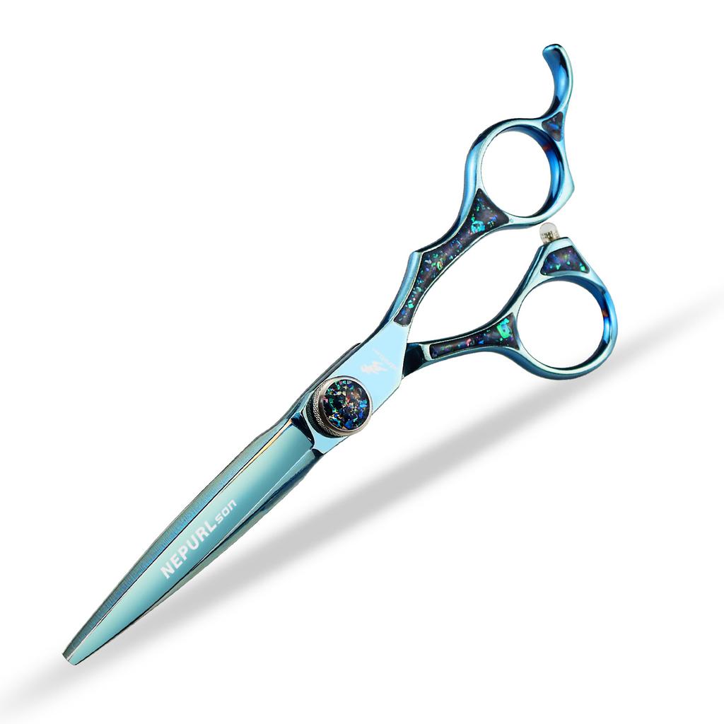 Tijeras de peluquería Neptune Beauty de 6 pulgadas con mango de epoxi azul, tijeras de dientes finos para cortar el cabello.