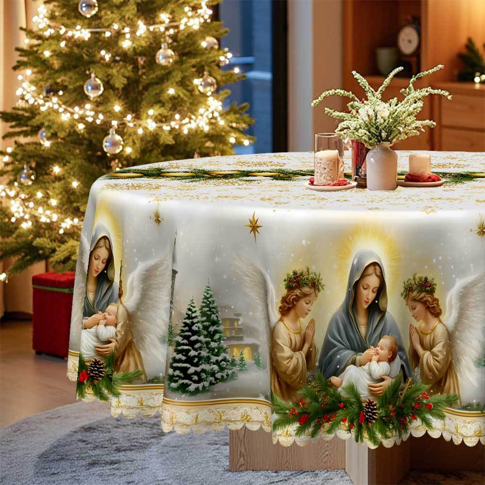 Christmas, Jesus Rectangular Round Tablecloth, Snow Christmas Tree Elements, Table Decorations, Festive Atmosphere