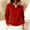 Damen Pullover Revers Langarm Locker Geschnitten Einfarbig Strickoberteile mit Knöpfen Taschen Herbst Winter Pullover