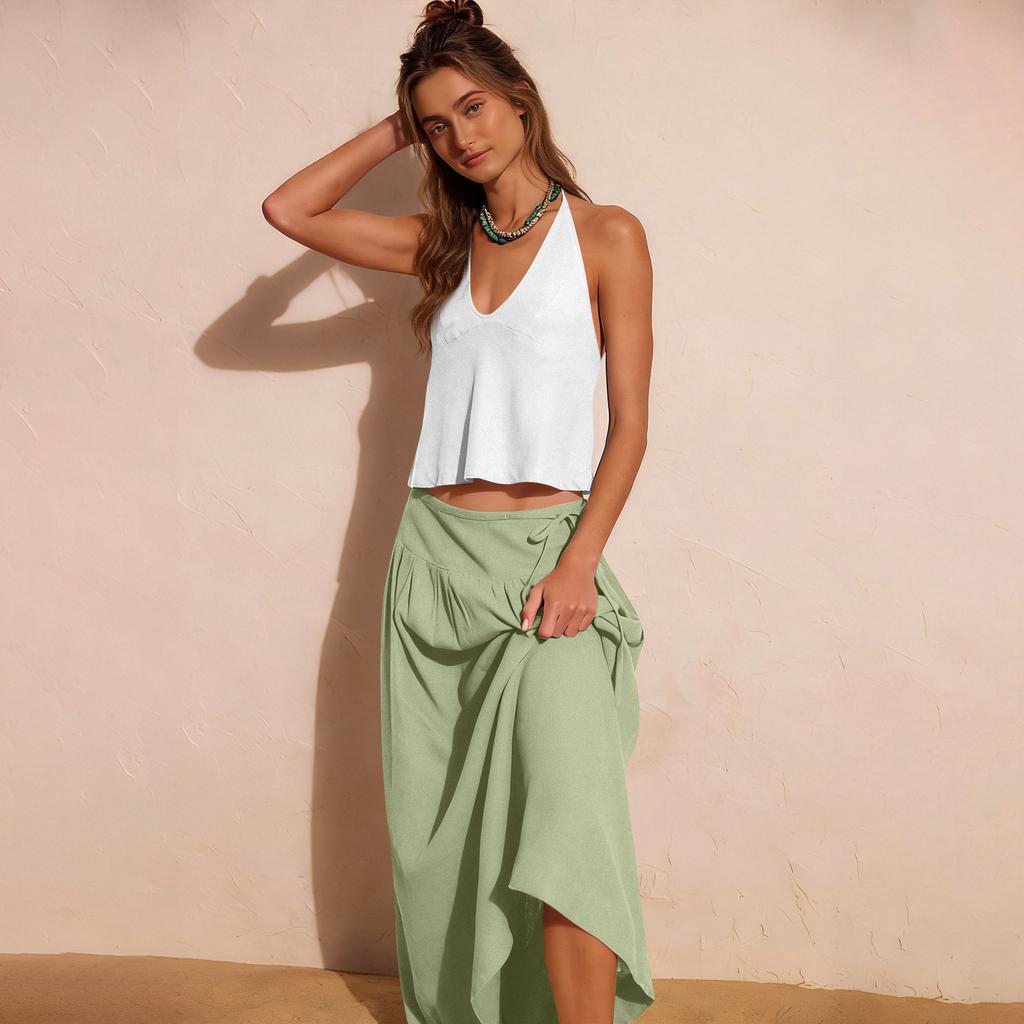 Women's Ruffled Spring Casual Long Skirt Plain Color Skirt Retro Pleated Skirt
