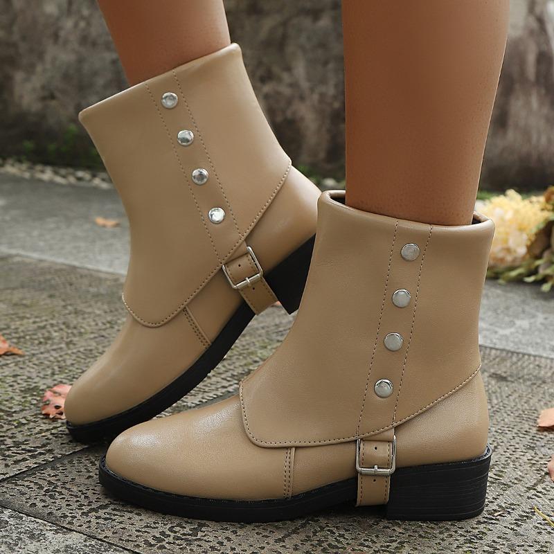Women's Wide Width Medieval Style Boots, Slip-On Chunky Heel Mid-Calf Boots, Vintage Literary Fashion Booties for Women