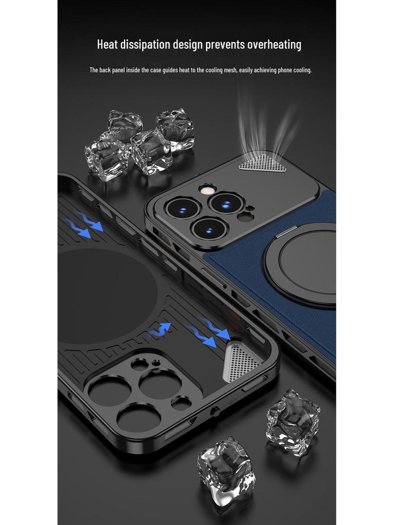 Aluminum Alloy Leather Buckle Phone Case with Rotating Stand for iPhone 16 Pro Max, Compatible with Apple 14