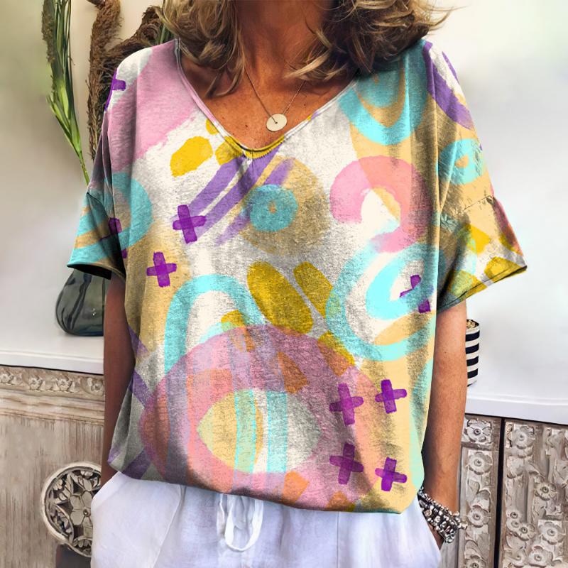 

Женские футболки с принтом в горошек, топы с V-образным вырезом, модная женская одежда в стиле Харадзюку, футболки с цветным принтом, свободные повседневные футболки большого размера 7XL