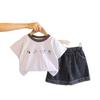 2026 Summer Children's Cartoon Patch Cuffed Denim Two-Piece Set
