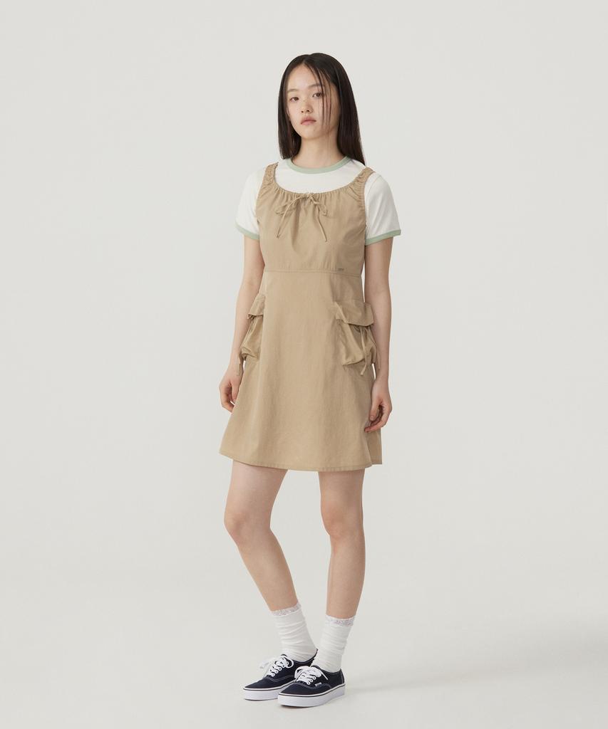 Covernat Woman Shirred Cargo Sleeveless Dress Beige