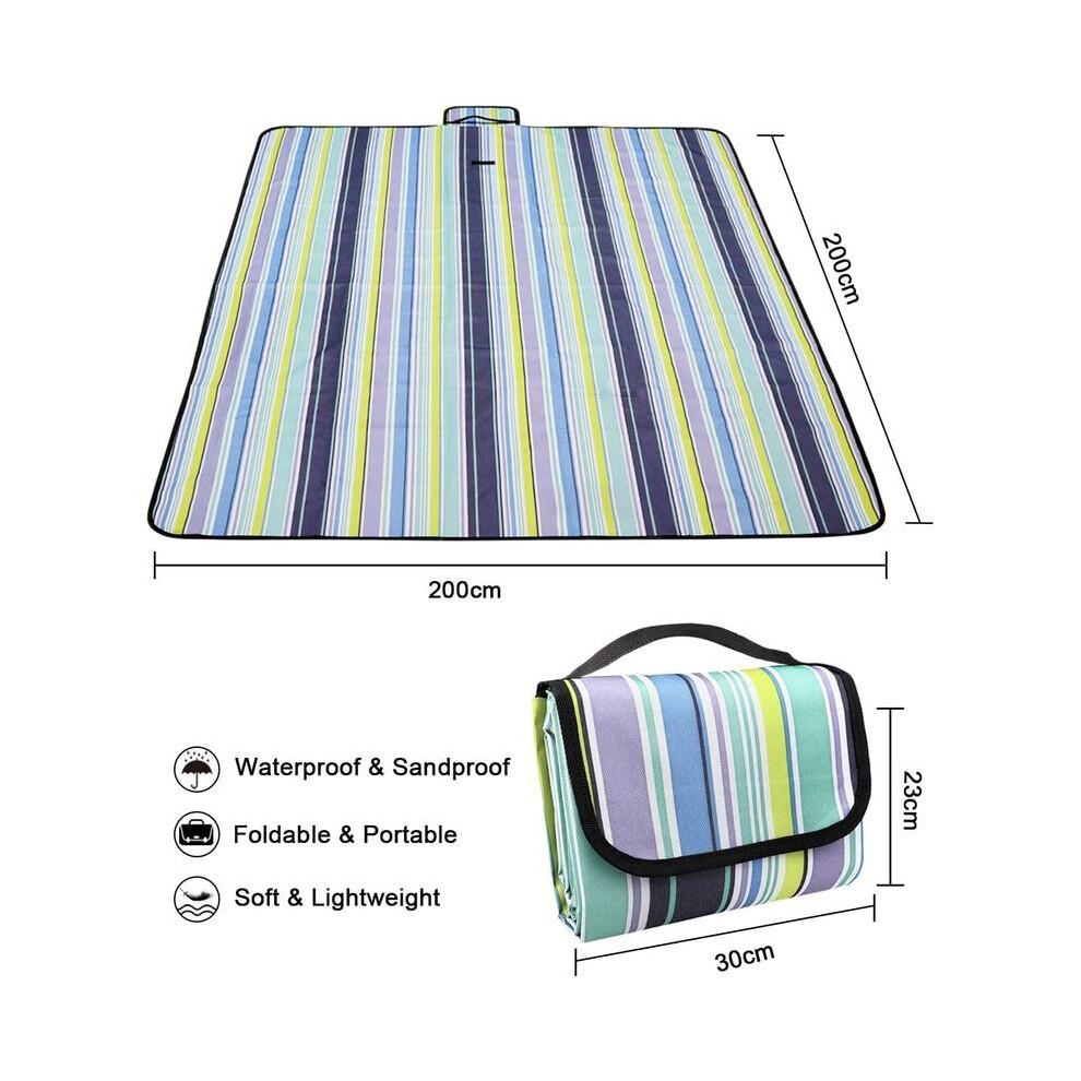 Wasserdichte Picknickdecke 200x200cm - Groß, Tragbar mit Griff, Matte für Strand, Camping, Reisen, Sommer, Blaue Streifen