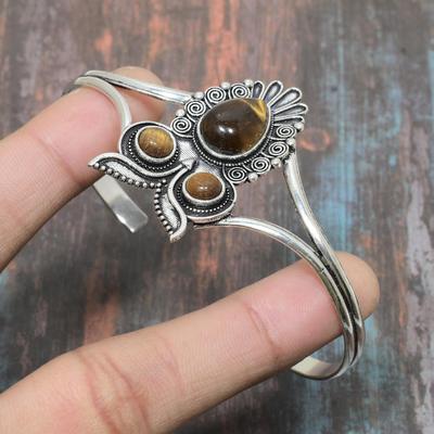 Tigerauge Edelstein Handgefertigter Armreif aus 925er Sterlingsilber, verstellbar, für Frauen