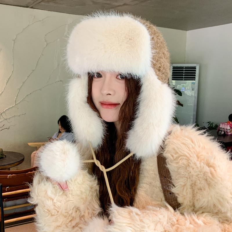 Winter Imitation Mink Fluff Hat Female Cute Hairball Lei Feng Hat Winter Cold and Warm Thickened Ear Protector New