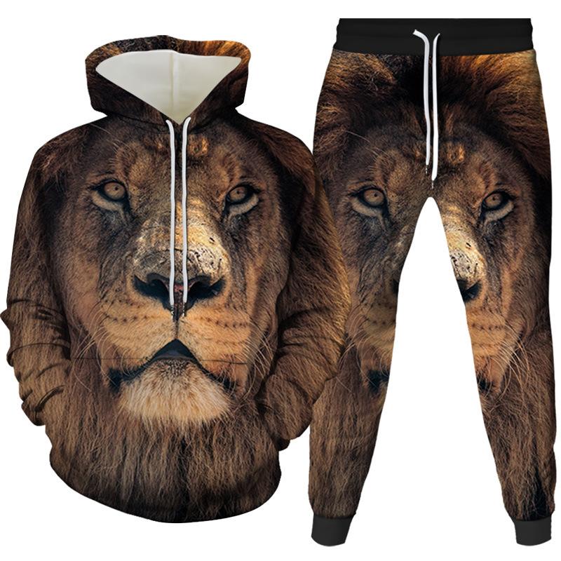 2022 foreign trade new 3d creative lion digital printing printing men's and women's hooded pullover casual sweater two-piece set