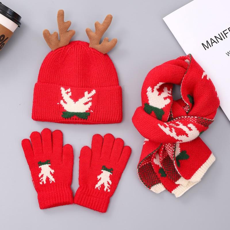 Parent-child Christmas Style Scarf Hat Gloves Set Thick Warm Acrylic Winter Cute Cartoon Elk