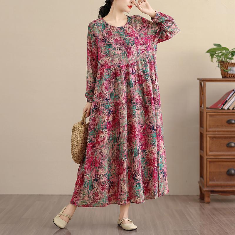 DIMANAF Nuovo 2025 Donna Taglie Forti Primavera Abito Lungo Morbido Base Vintage Oversize Manica Lunga Maxi Floreale
