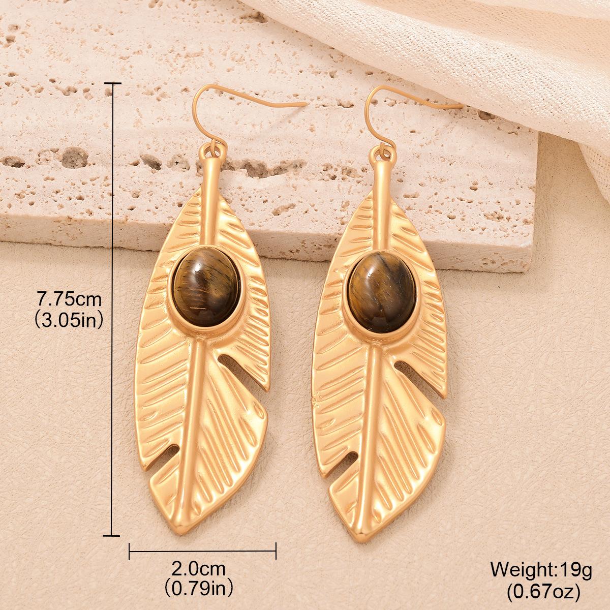 

Maillard Wind Tiger s Eye Earrings Combination French Simple Style Design Tassel Light Luxury Geometric Leaf Stud Earrings