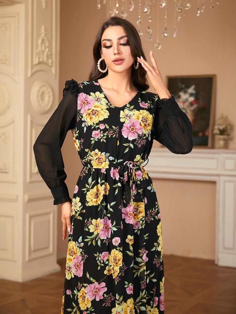 Elegantes Damen Langarm Patchworkkleid mit Druck für den Nahen Osten, Europa und Amerika