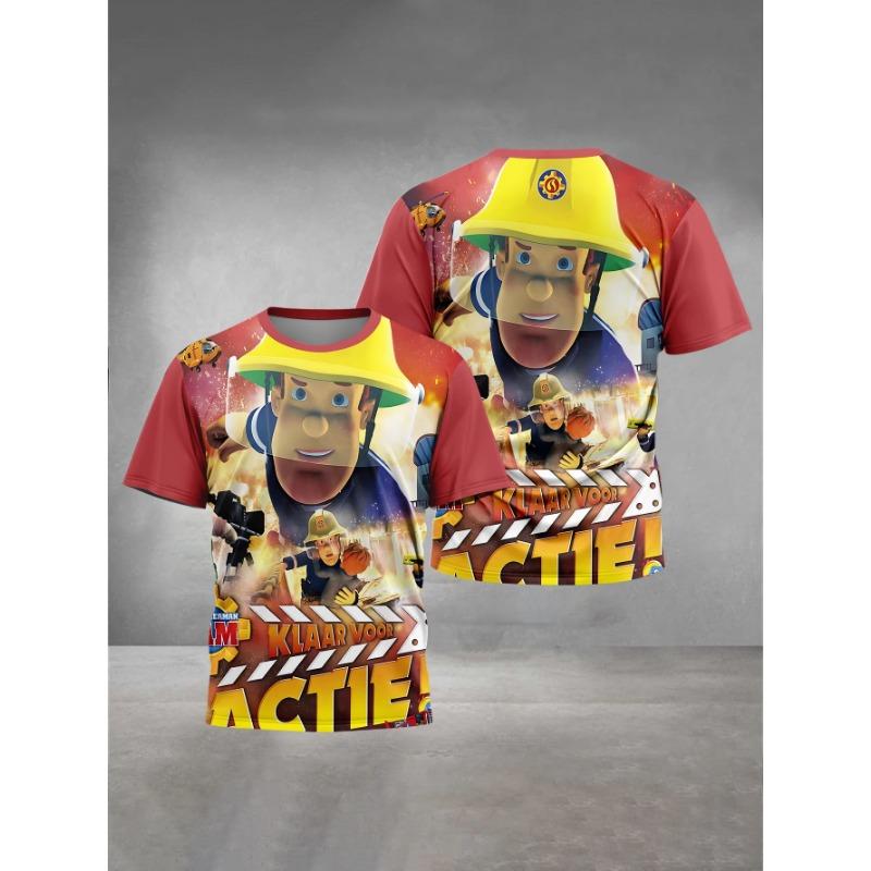 Summer Round Neck Cartoon Fireman Sam Pattern 3D Printed Top Fashionable Casual Short Sleeved Children's Boy T-shirts
