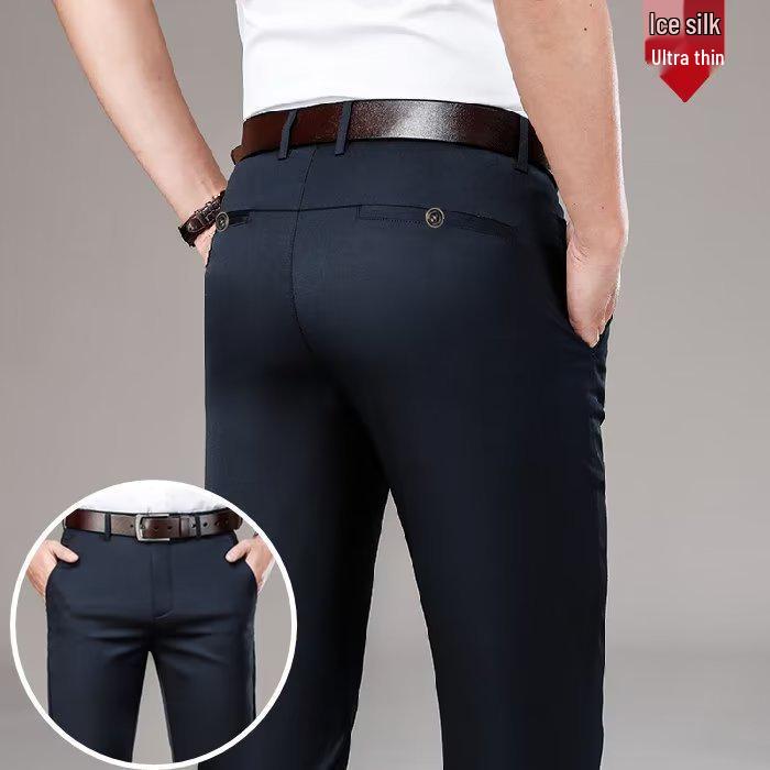 Men's Summer Lightweight Casual Straight-Leg Trousers - Ice Silk Business Suit Pants for Middle-Aged Men