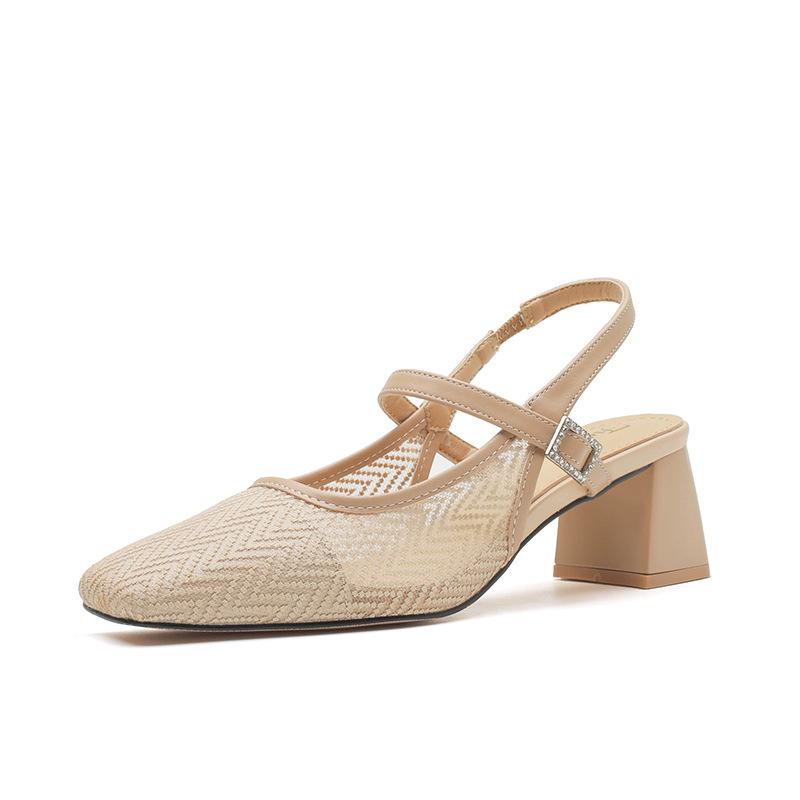 

High-heeled sandals women s summer 2025 new mesh breathable thick heel square head fashion commuter French medium heel single shoes 40 абрикосовий