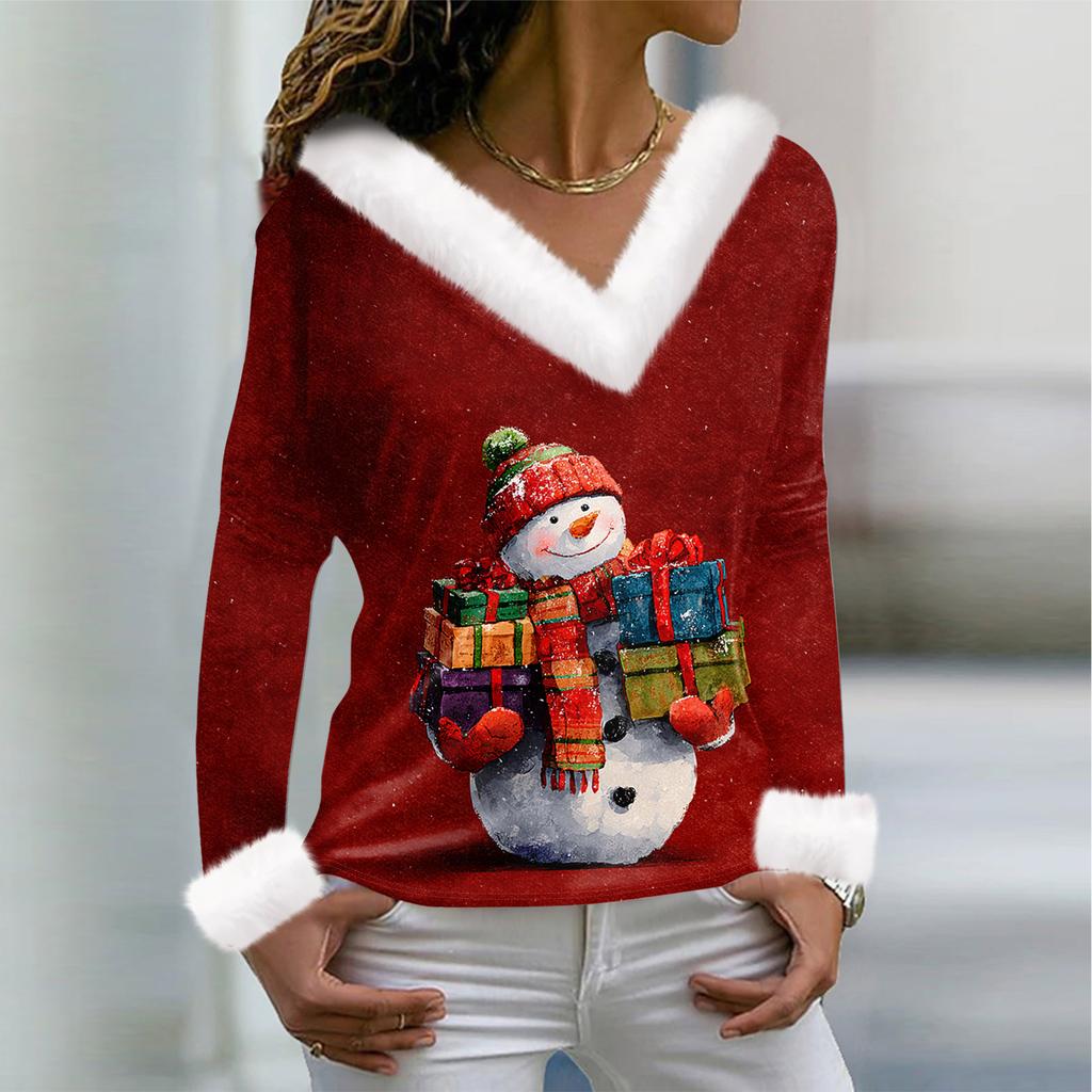חולצת טי לנשים חולצה חג המולד שרוול ארוך מסיבה הדפס חג המולד צווארון פליז צווארון וי טופ