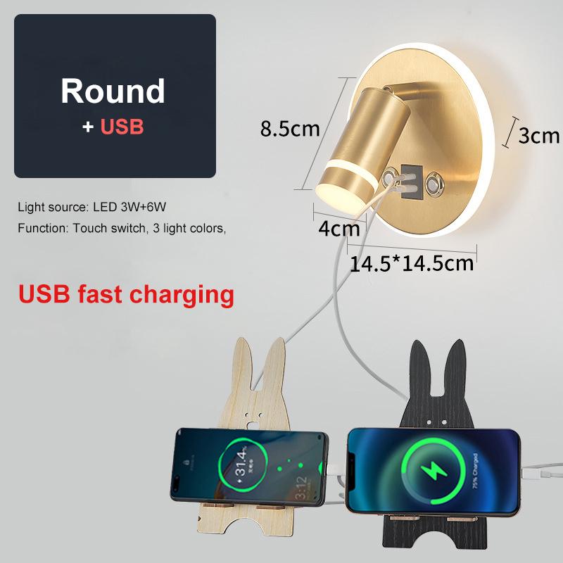 

Настенный светильник для чтения USB-зарядка Настенный светильник Круглый прикроватный светильник Освещение в помещении Декор спальни Гостиной Столовой отеля 3 light colors