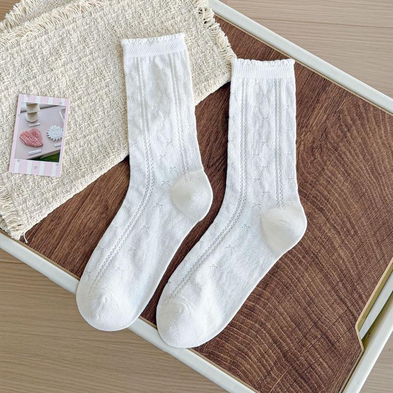 Sock - Spring/Summer Lightweight Solid Color Opened-Up Layered Socks with Earwig Lace and Mid-Calf Length