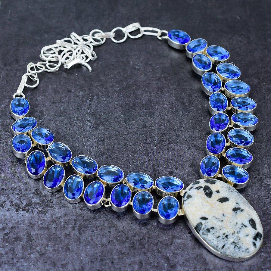 Natural Chrome Diopside,Iolite Gemstone 925 Sterling Silver Necklace 18" I8a29