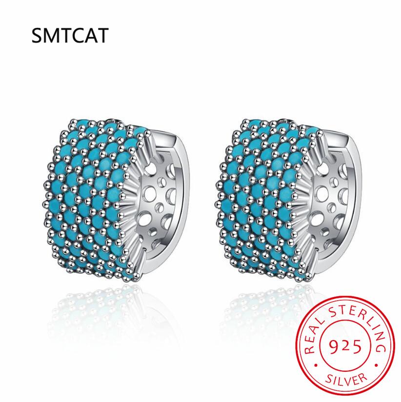 New Vintage Turquoise Elegant Earring Real 925 Silver Luxury Charm Hoop Earrings For Women Wedding Jewelry RHE858