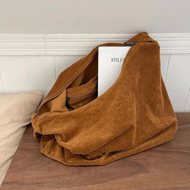 Large Capacity Women's Shoulder Bag Retro Corduroy Female Commute Shopping Bags Solid Color Ladies Simple Tote Purse Handbags