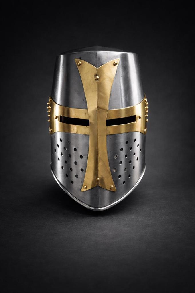 Medieval Crusader Knight Helmet Steel Templar Armor with Brass Cross LARP Costume