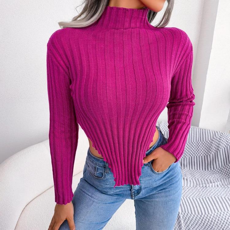Sexy Women Asymmetrical Knit Sweater Long Sleeve Half High Collar Undercoat Autumn Winter
