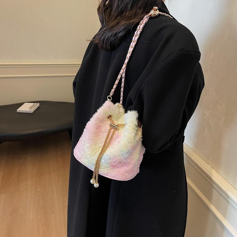 2025 New Cute Cartoon Plush Bag Women's Oblique Span Bag Fashion Trend Shiny Bag