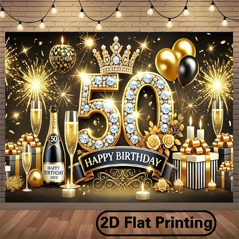 2D Black Gold 50th Birthday Backdrop - Champagne & Fireworks Background Banner for 50th Birthday Celebration 47.2x31.5inch/120*80cm