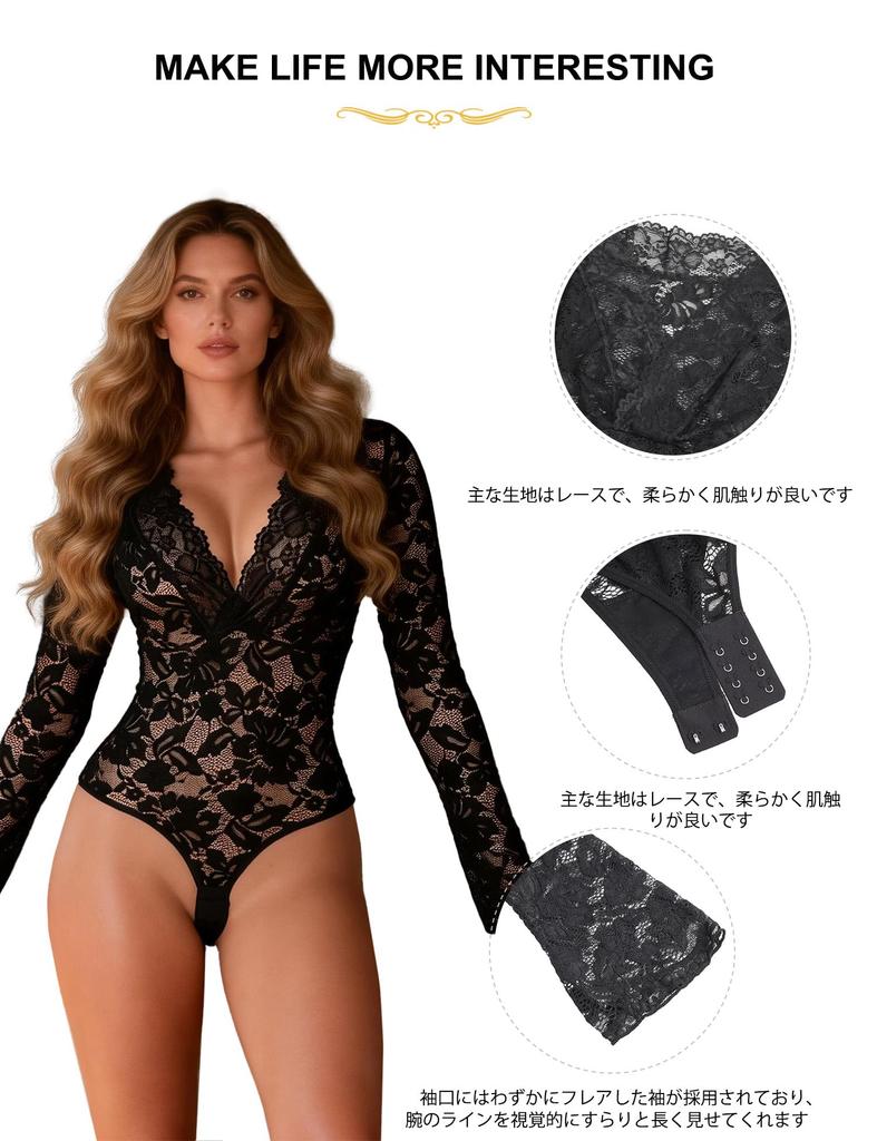 Teddy Lingerie Long Sleeve Bell Sleeve Lace Bodysuit Deep Snap Closure Sheer Elegant Lingerie for Special Occasions Photoshoot Costume Black M