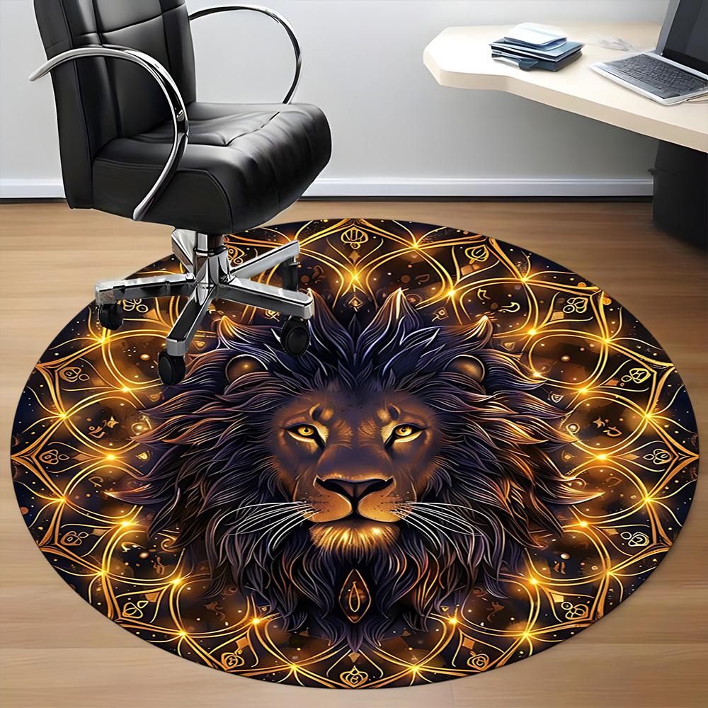 1 Stück Löwen Mandala Stuhlteppich für das Büro, Runde Polyestermatte, Innendekoration für das Büro, Pflegeleichtes Gewebe, Waschbarer rutschfester Teppich