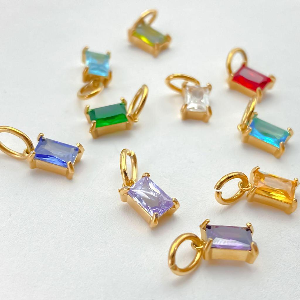 14K Gold-Plated Stainless Steel Rectangle Birthstone Pendants with Zirconia