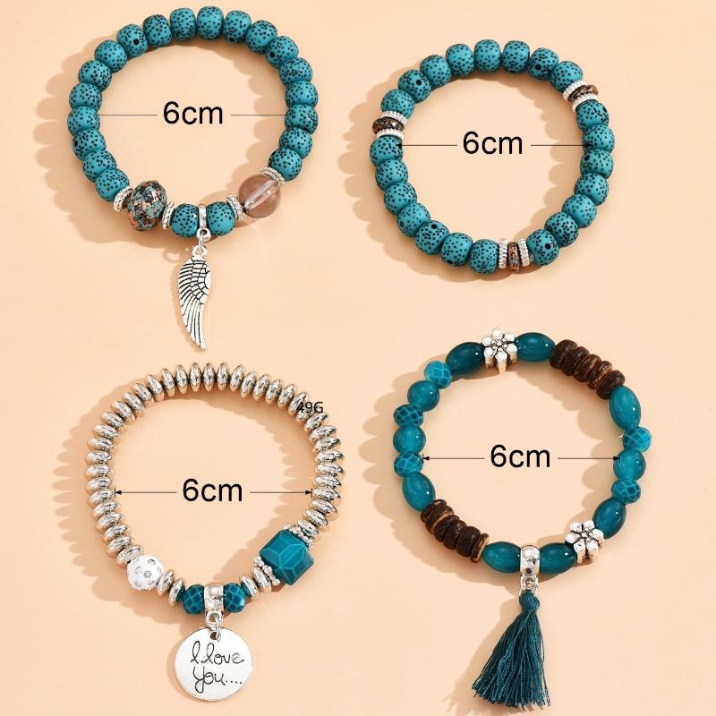 4pcs Bohemian Tree of Life & Feather Wing Pendant Bracelets - Handmade Acrylic Couples' Bangle , Bohemian Handcrafted Bracelets For Women& Men