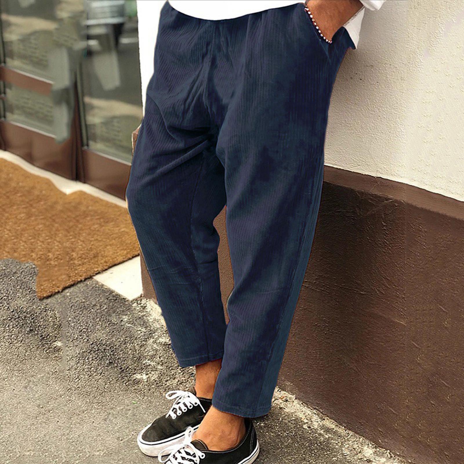 

Fashion Men s Elastic Waist Corduroy Casual Straight-leg Cropped Trousers Pants XXXL синий