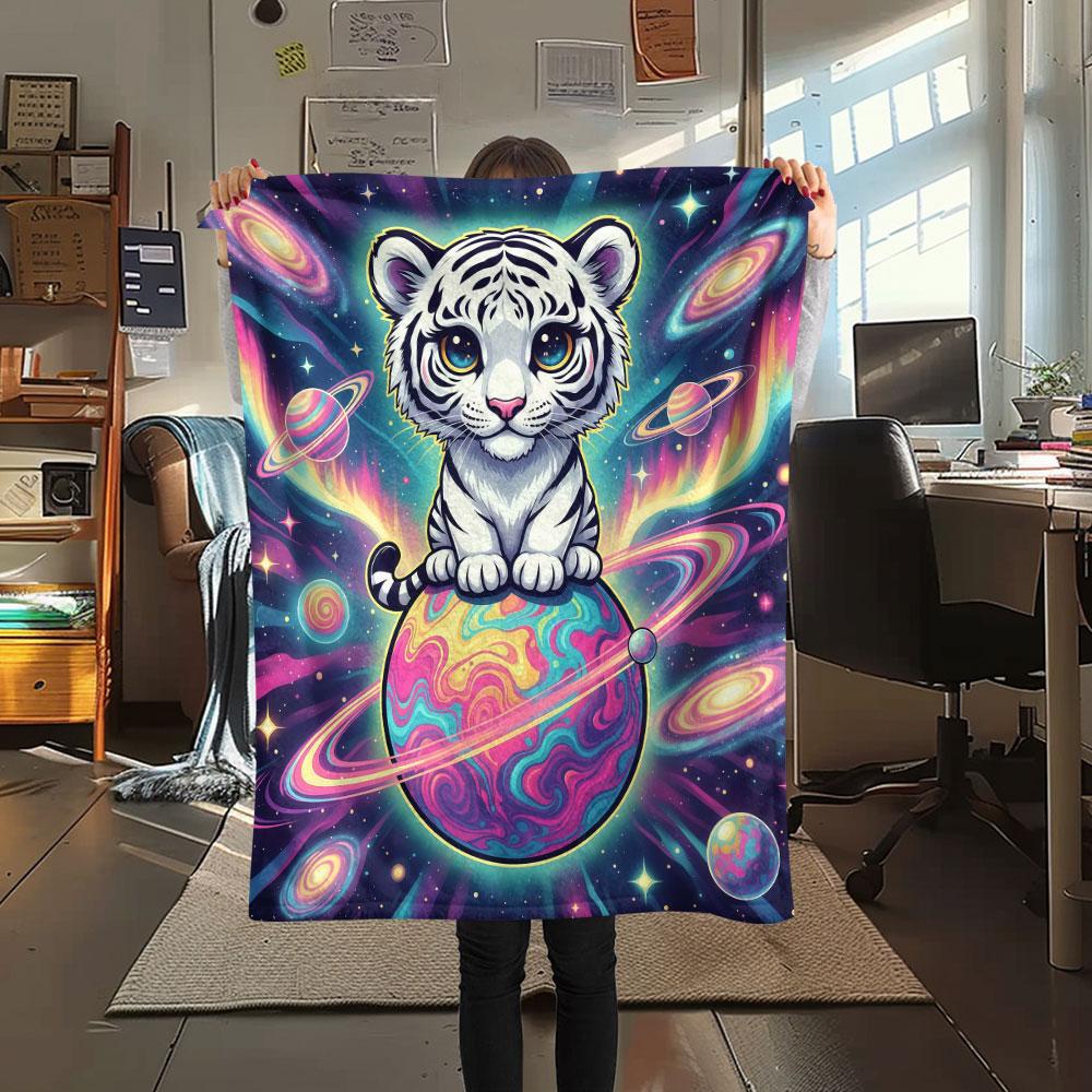 1Pc Planet Animals Print Flannel Blanket, High quality Comfortable for All Seasons, Home Decor, Warmth and Comfort, Perfect for Christmas Gifts