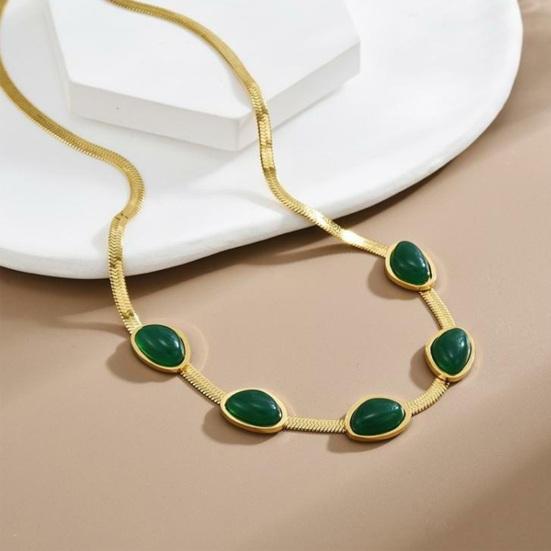 Women Jewelry Set Faux Emerald Decor Polished Snake Bone Chain Necklace Hanging Earrings Bracelet Titanium Steel Formal Occasion Party