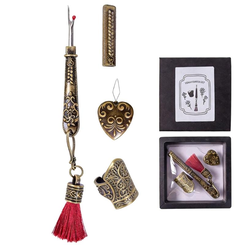 

Sewing Assistant Set Includes Seam Ripper Needle Threader And Metal Thimble Finger Cover for Clothing Repair Tailoring