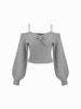 2026 Autumn/Winter European & American Lace Shoulder Strap Bow Waist-Cinched Lantern Sleeve Knit Sweater for Women