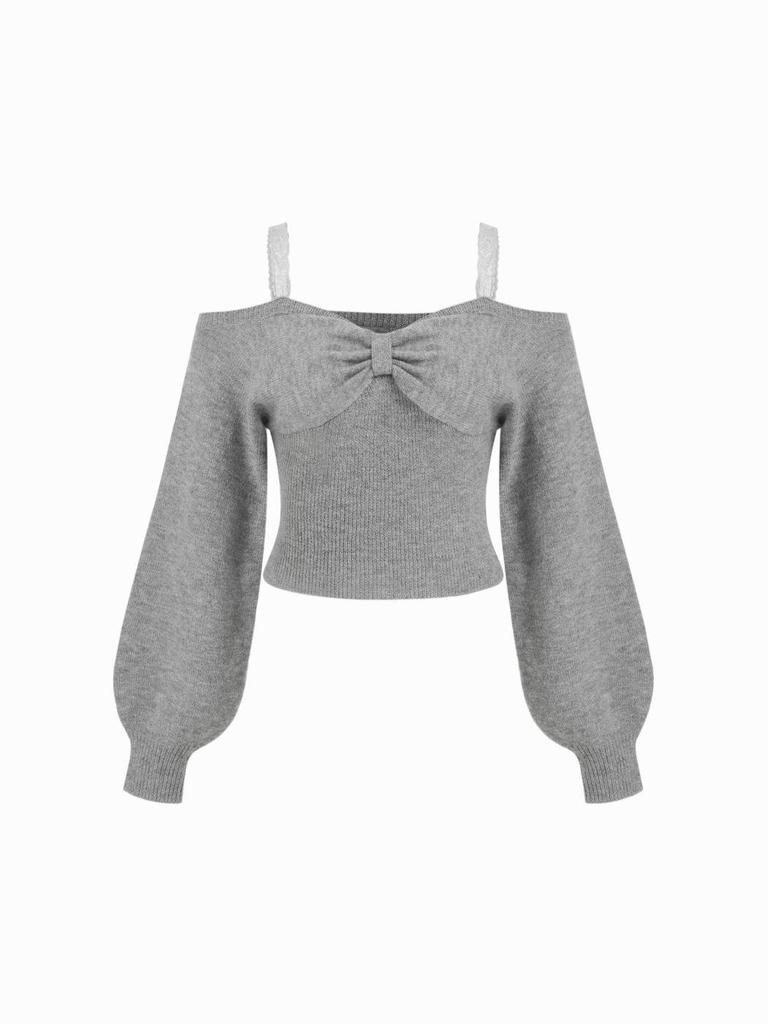 2026 Autumn/Winter European & American Lace Shoulder Strap Bow Waist-Cinched Lantern Sleeve Knit Sweater for Women