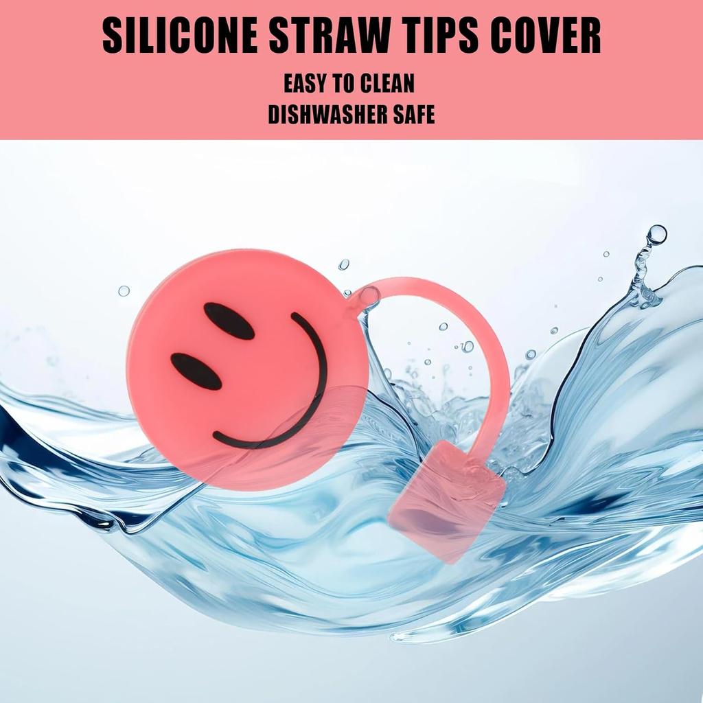 Whaline 6Pcs Smile Face Straw Covers Pink Green Silicone Reble Round Straw Topper Gradient Color Double Sided Pattern Straws Tips Covers 10mm 0.4